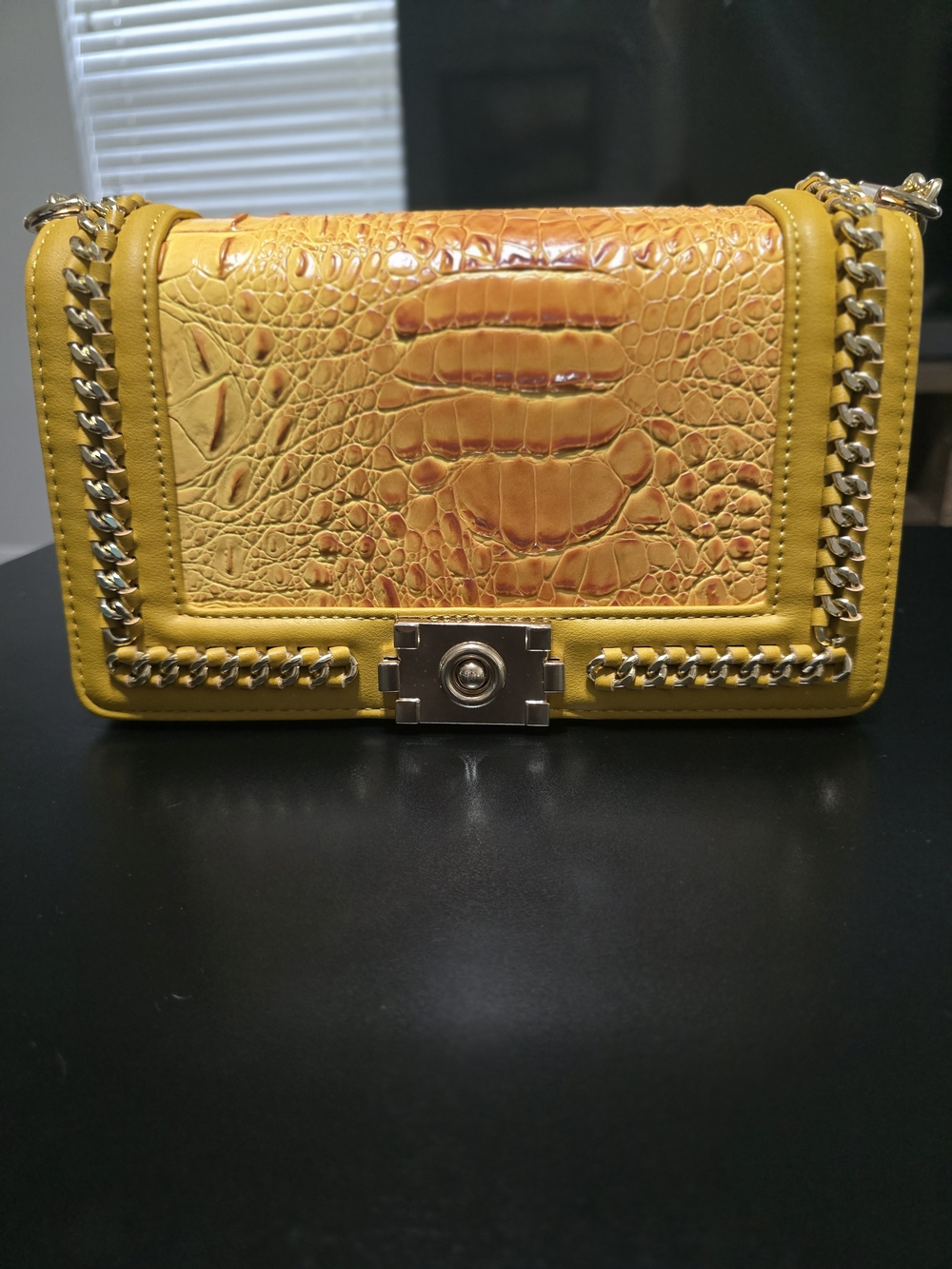 NWOT Yellow Crocodile-Embossed Chain Crossbody Bag w Unique Lock & Gold Hardware